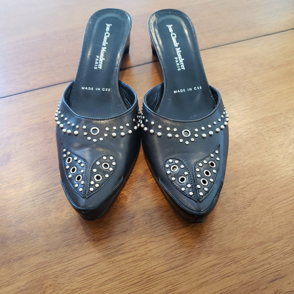 Real leather studded heeled mules